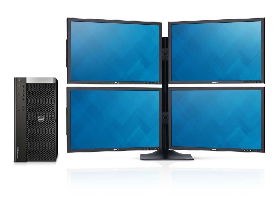 Dell Precision T7610 fixed tower workstation with quad 2408wfp monitors.